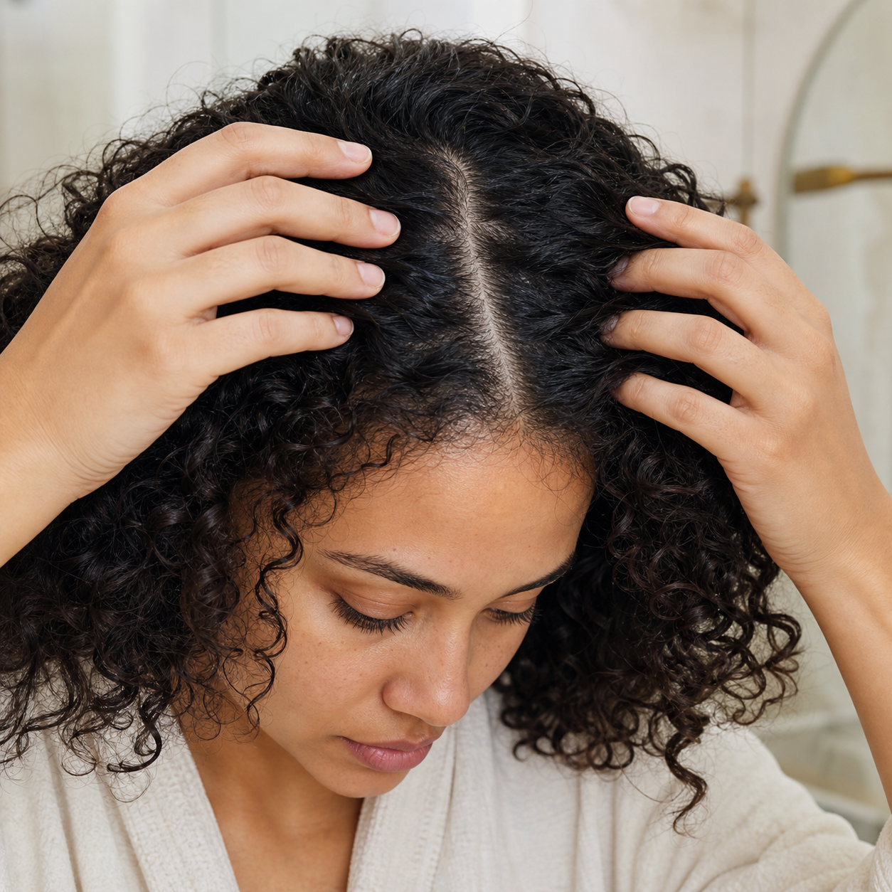 Hands opening a clean, visible scalp part before application