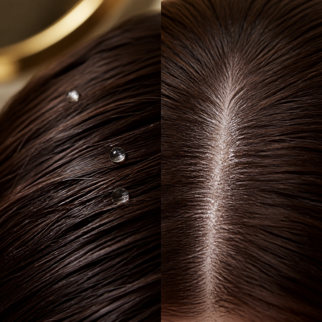 Comparison of scattered serum droplets and a clean visible scalp part