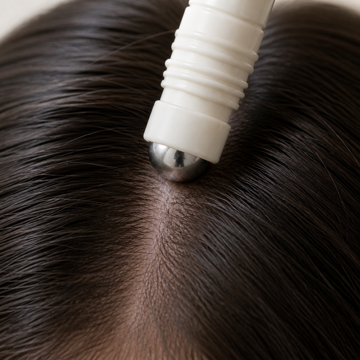 Stainless-steel roller in direct contact with an exposed scalp part