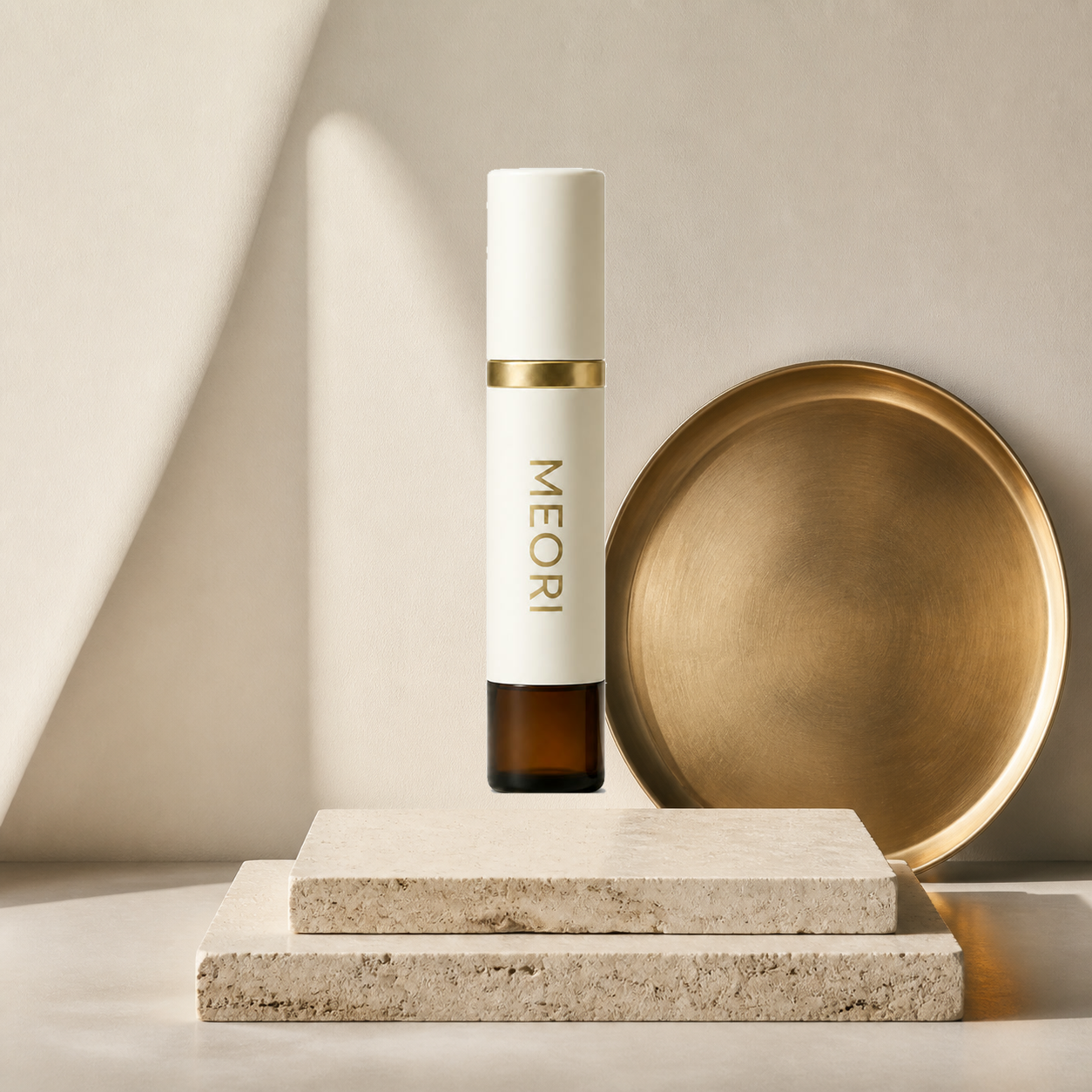 MEORI Root Renewal Scalp Serum bottle on an ivory stone vanity