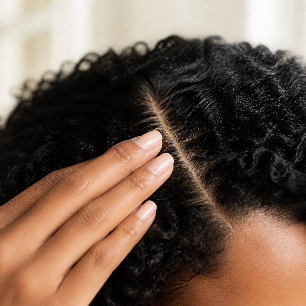 Clean fingertips pressing serum into a visible scalp part