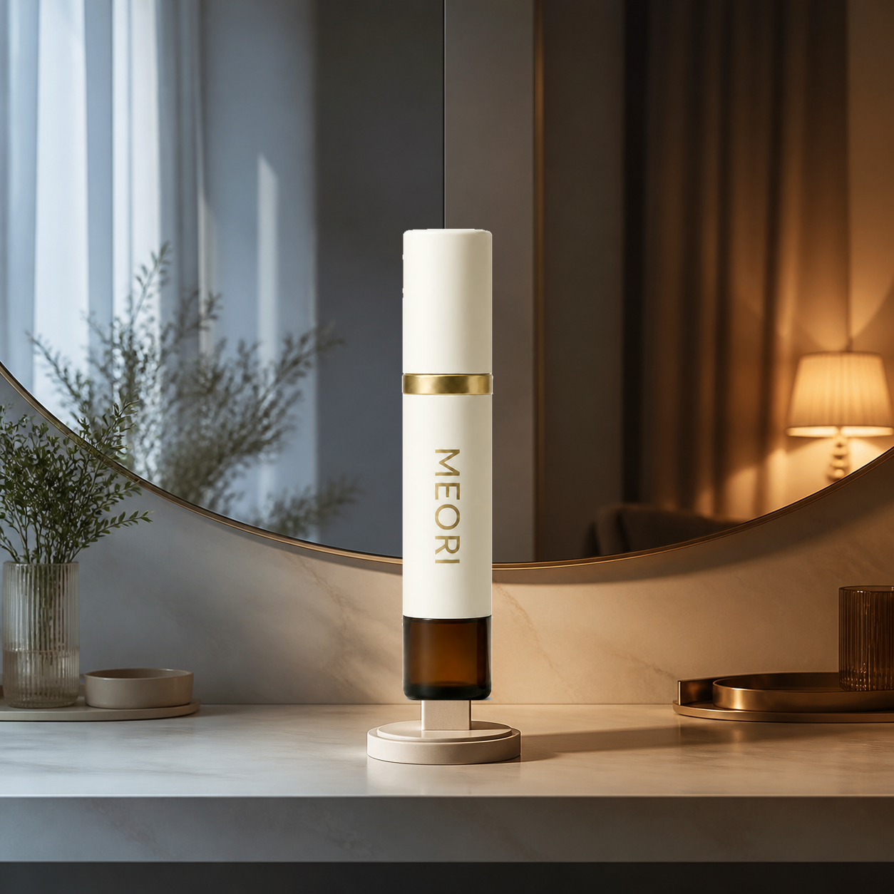 MEORI bottle centered between morning and evening light on a vanity