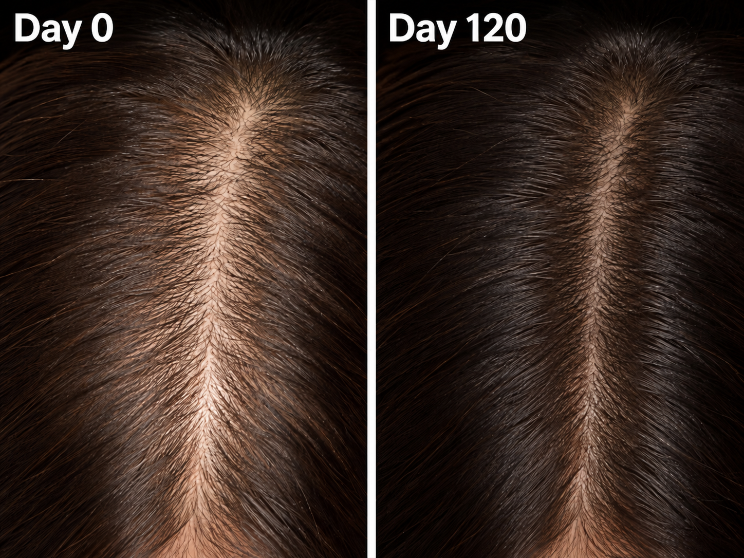 Customer-provided side-by-side scalp photographs labeled Day 0 and Day 120