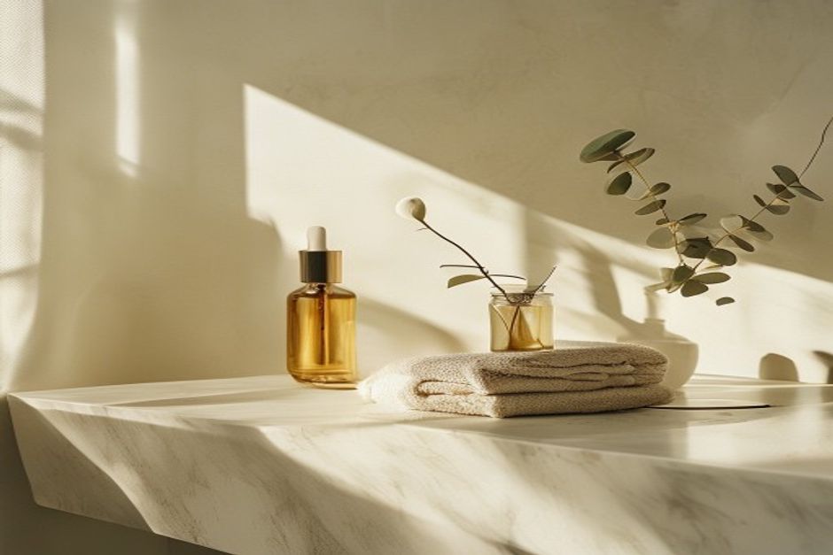 Meori serum on a cream travertine bathroom vanity with linen and ceramic
