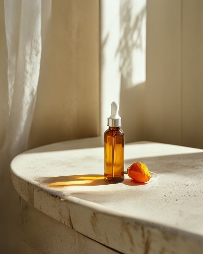 Meori amber dropper bottle in morning light