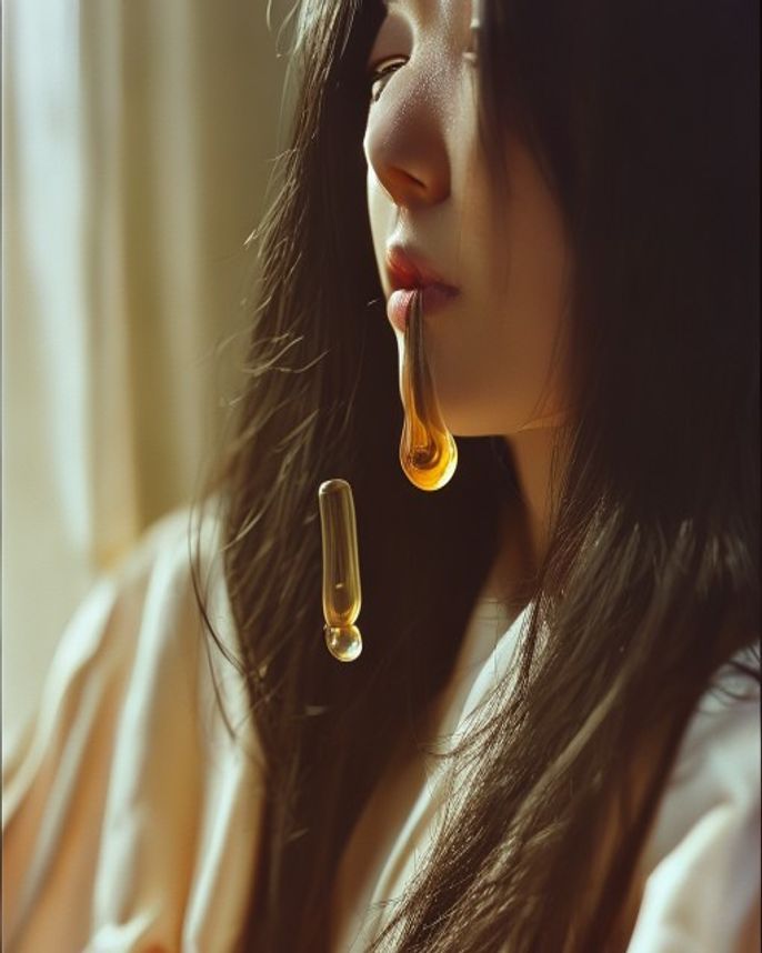 A single drop of Meori serum suspended from the dropper, backlit